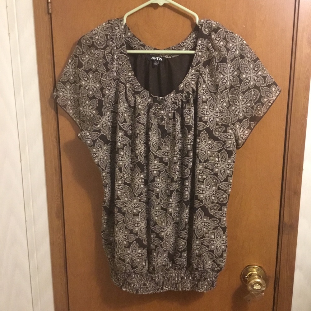 Apt. 9 Brown Paisley Short Sleeve Cinched Bottom Tunic Blouse XL
